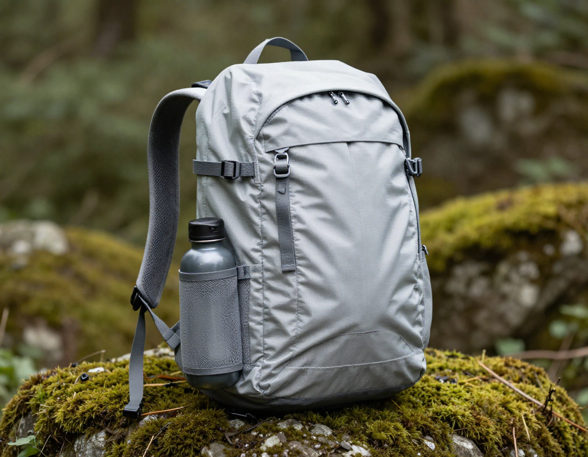 이끼 낀 바위 위에 놓인 입구가 열린 나일론 배낭과 배경에 보케 효과가 들어간 재사용 물병의 실사 이미지.