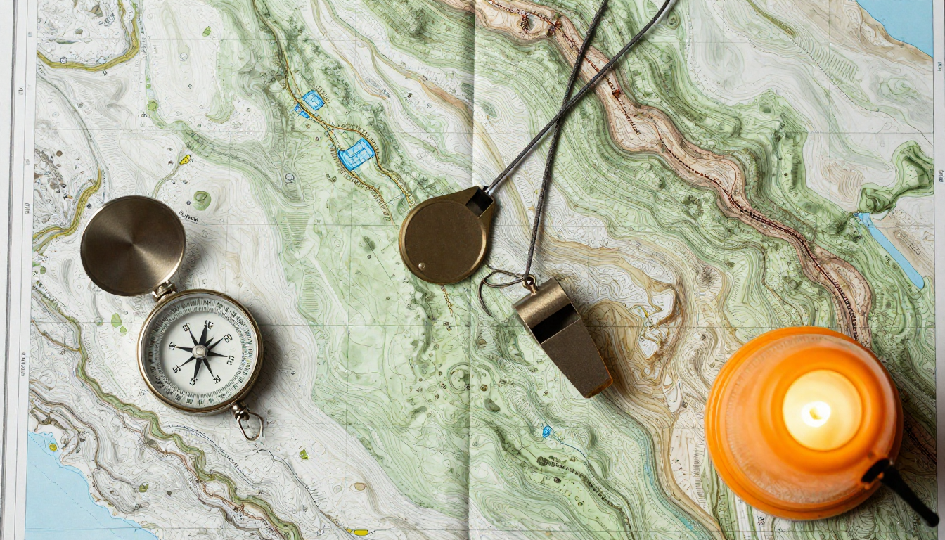 지형도와 나침반, 호루라기, 주황색 램프가 놓인 안개 산행 안전 용품 세트의 항공 촬영 사진.