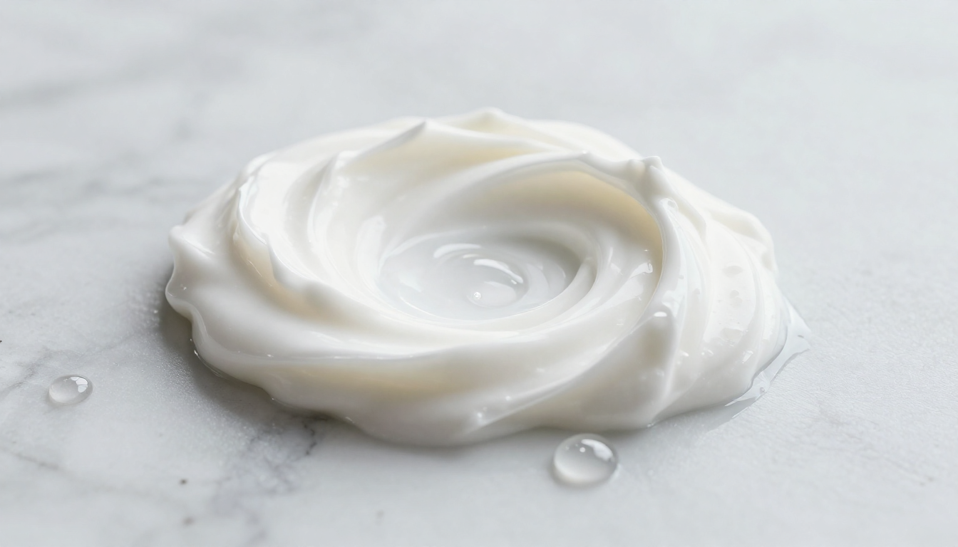 매끄러운 대리석 위에 놓인 꾸덕한 흰색 크림과 투명하고 촉촉한 젤 제형의 화장품 방울.