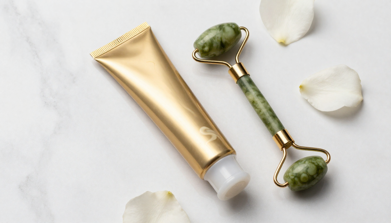 대리석 위에 놓인 황금색 아이크림 튜브와 부드러운 크림 제형, 옥 롤러와 꽃잎이 어우러진 고급스러운 화장품 연출 사진.