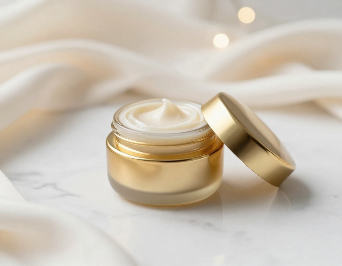 흰 대리석 위 부드러운 실크와 보케 조명 속에 놓인 오픈된 골드 크림 용기 이미지입니다.