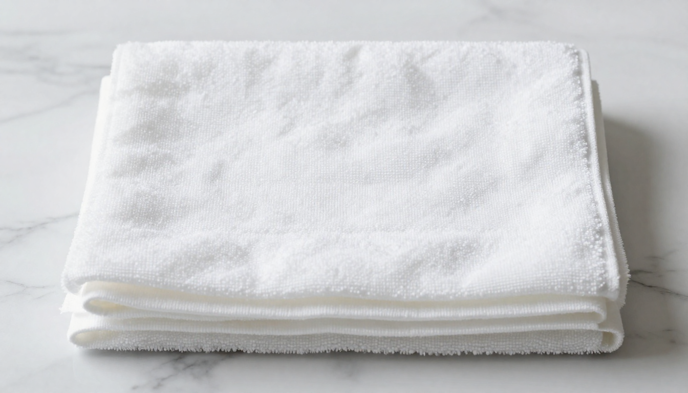 대리석 바닥 위에 하얀색 일회용 면 수건이 정갈하게 접혀 있는 항공샷 이미지입니다.