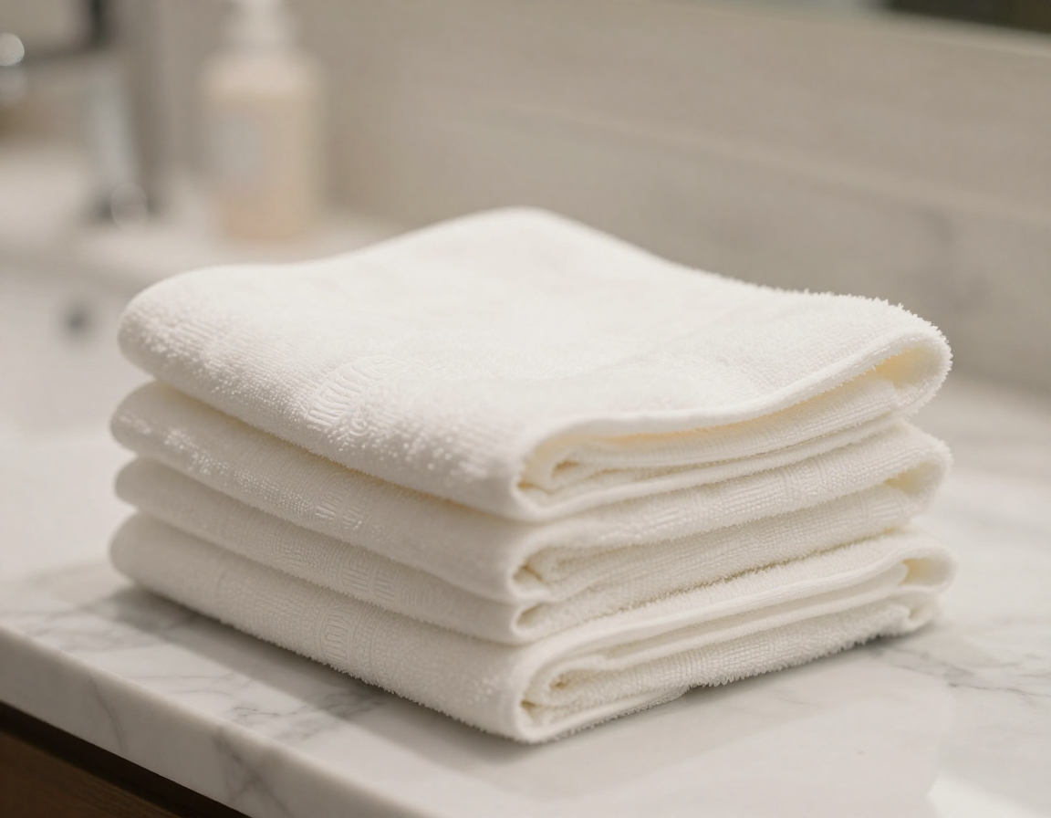 대리석 세면대 위에 엠보싱 무늬가 있는 흰색 일회용 면 수건이 겹겹이 쌓여 있는 모습.