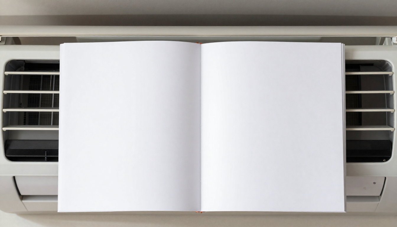 흰색 종이 책자와 창문형 에어컨이 나란히 놓여 있는 모습을 위에서 내려다본 실사 이미지.