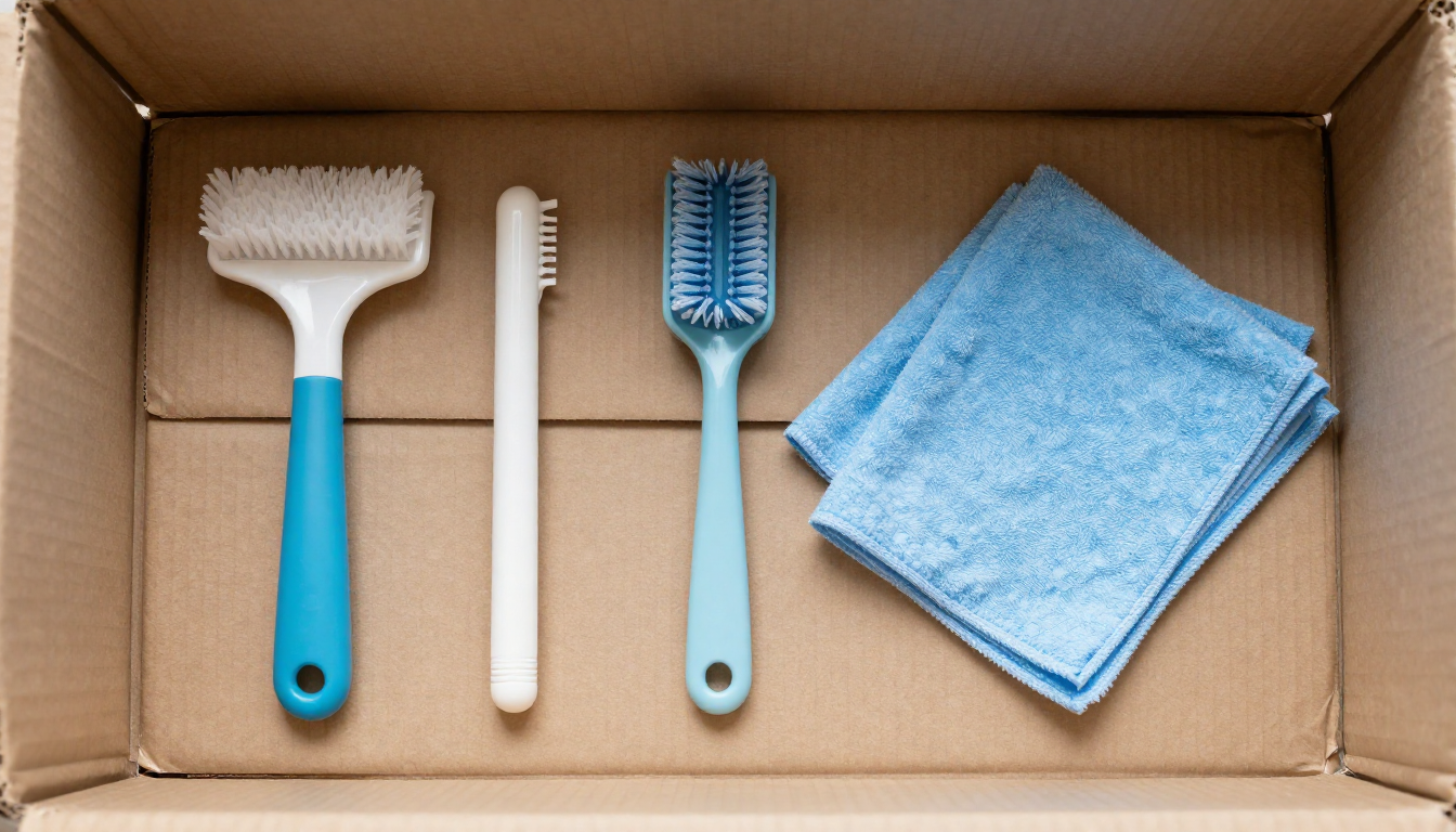 창문형 에어컨과 보관용 박스, 청소용 천과 도구들이 바닥에 가지런히 놓여 있는 항공샷 이미지.