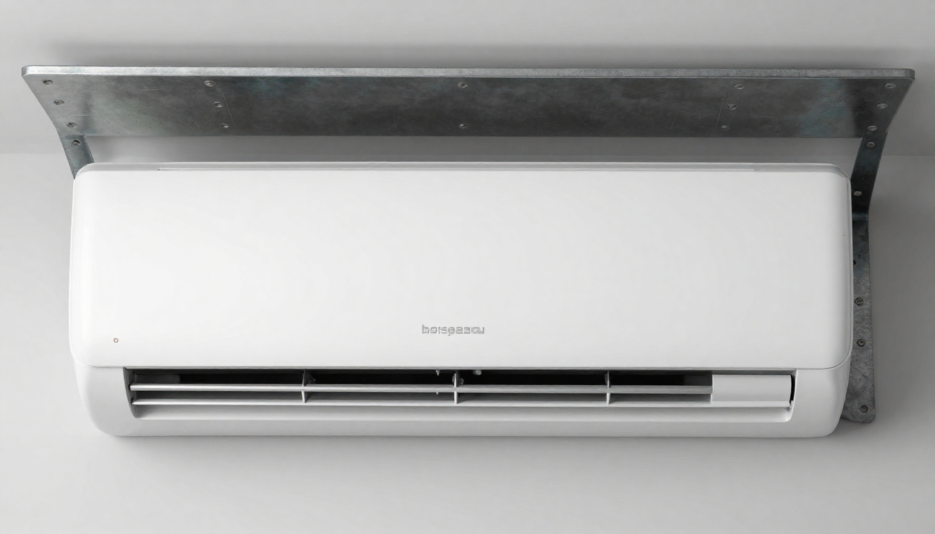 흰색 창문형 에어컨 본체와 튼튼한 금속제 설치 거치대가 나란히 놓인 위에서 내려다본 모습.