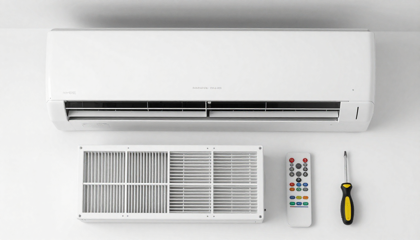 창문형 에어컨과 리모컨, 필터, 드라이버가 정갈하게 놓인 항공샷 이미지입니다.