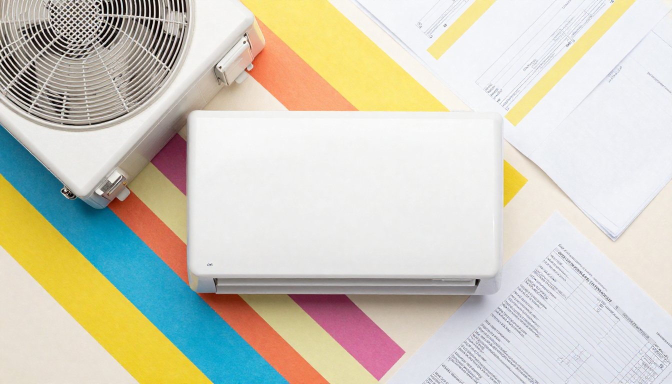 흰색 창문형 에어컨과 알록달록한 종이 띠, 접힌 서류들이 깔끔하게 놓여 있는 평면 부감 사진.