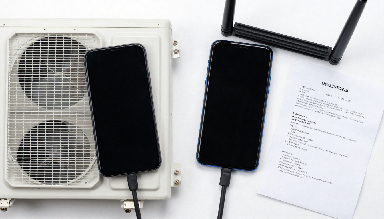 창문형 에어컨, 스마트폰, 공유기, 랜선, 설명서가 정갈하게 놓인 상단 부감샷.