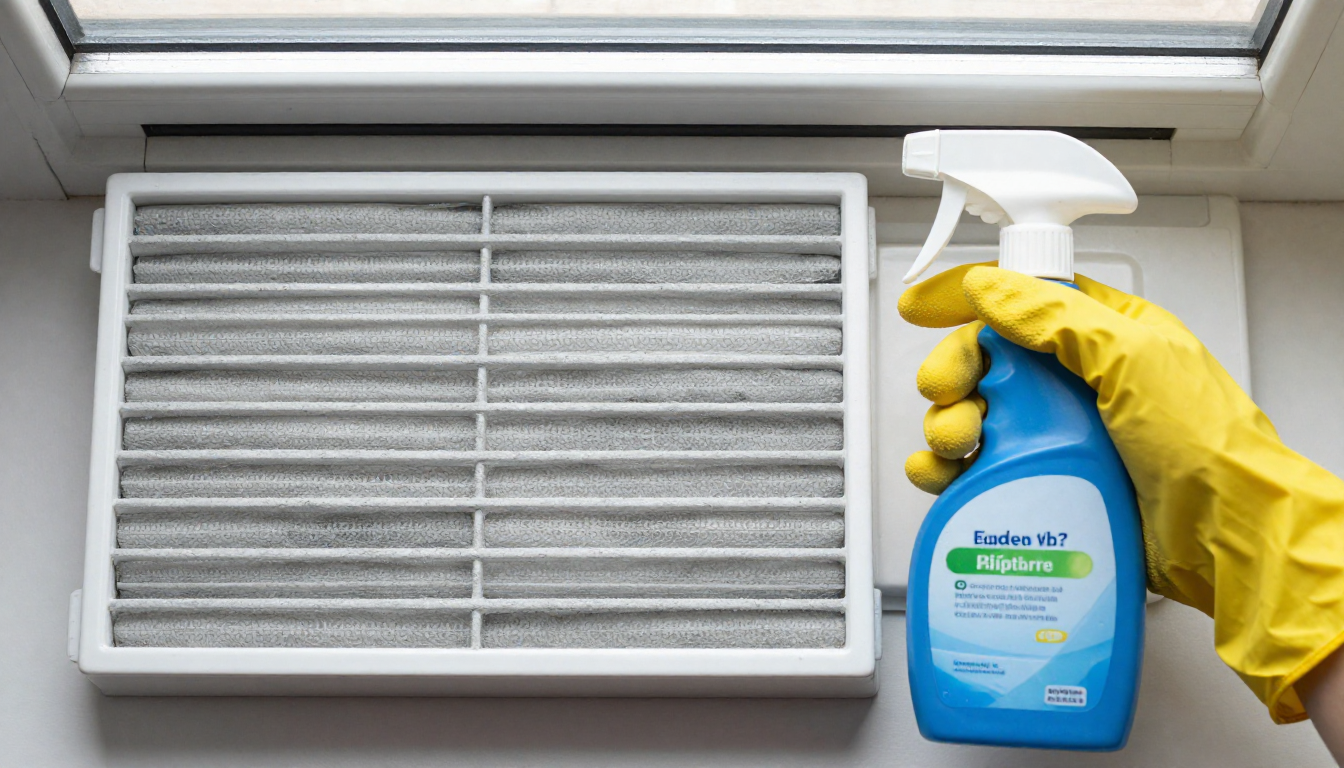 위에서 내려다본 창문형 에어컨과 곰팡이 핀 필터, 분무기, 장갑이 놓인 모습.