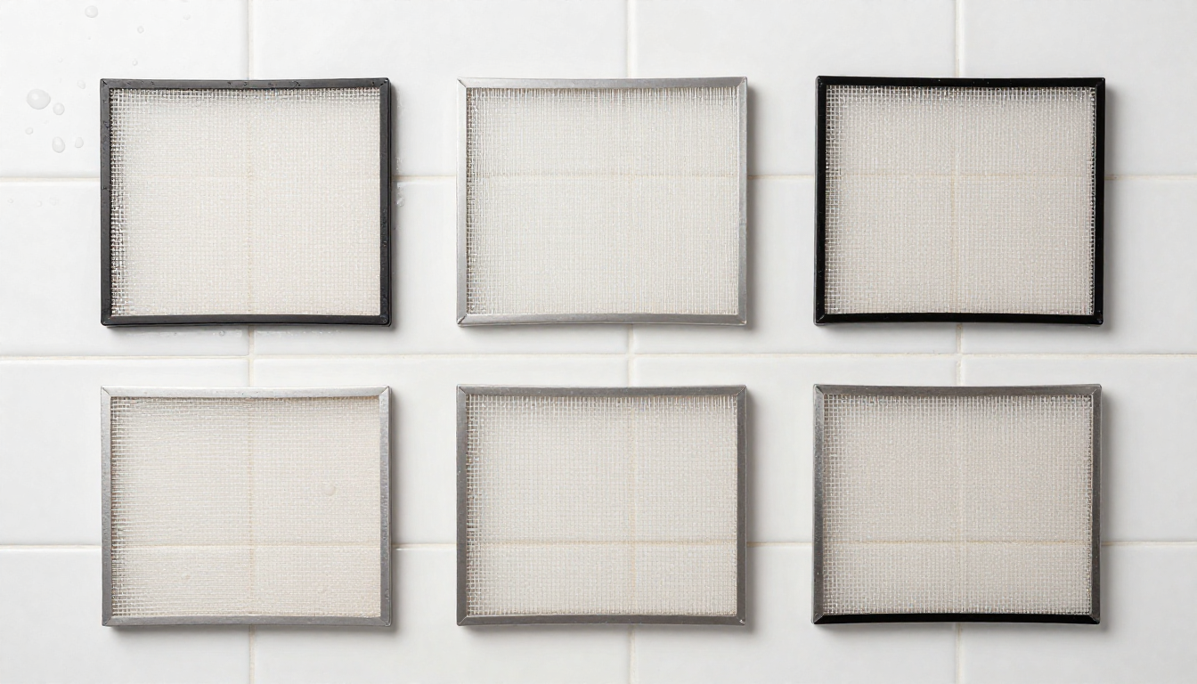 흰색 타일 위에 물방울이 맺힌 직사각형 망사 에어컨 필터가 놓여 있는 부감샷 이미지입니다.