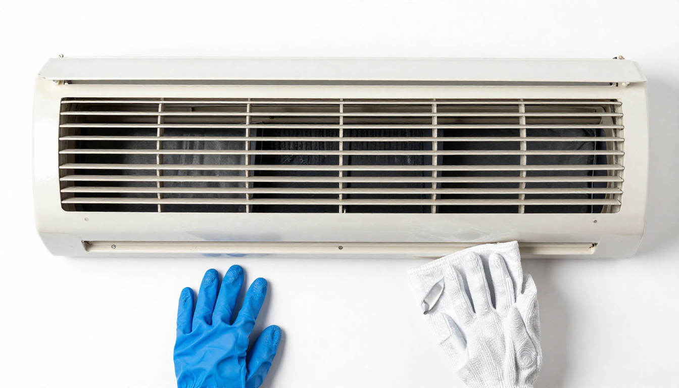 분해된 창문형 에어컨 부품들과 장갑, 세척용 천이 가지런히 놓인 평면 조감도 사진.