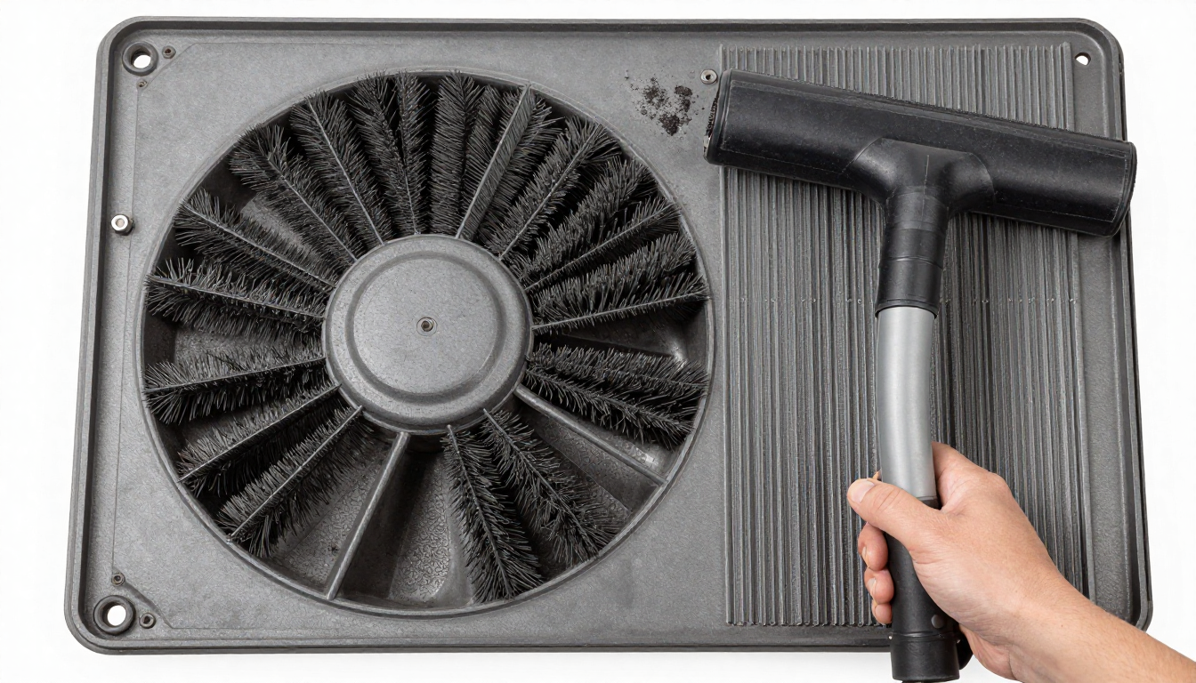 창문형 에어컨 송풍팬의 먼지를 진공청소기와 솔로 청소하여 깨끗해진 냉각핀의 평면 부감 샷.