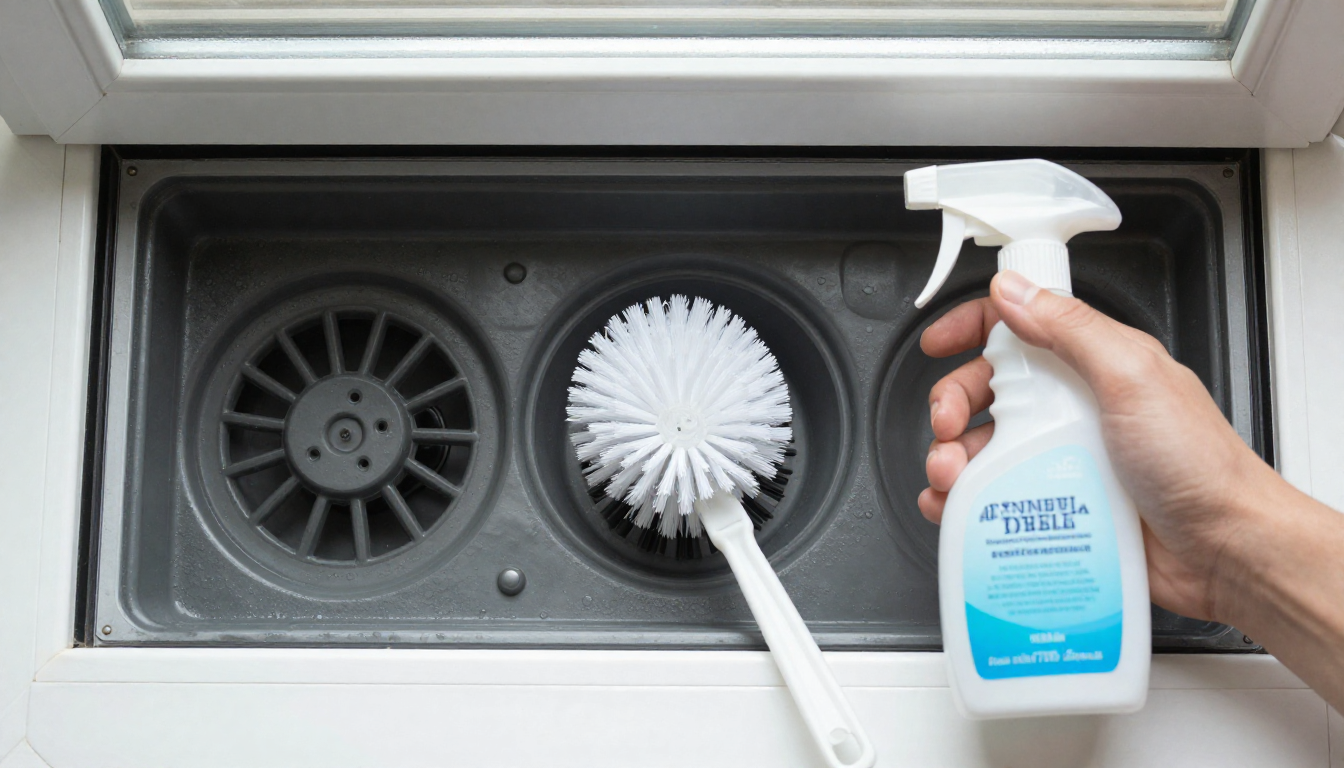 창문형 에어컨 드레인 판과 세척용 솔, 소독 스프레이가 놓인 상단 부감샷.