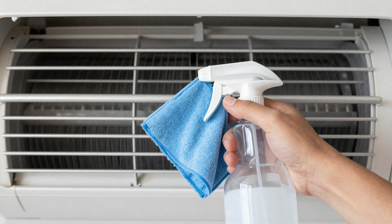 위에서 내려다본 에어컨 금속 냉각 핀과 세척용 분무기, 극세사 천이 놓인 모습.