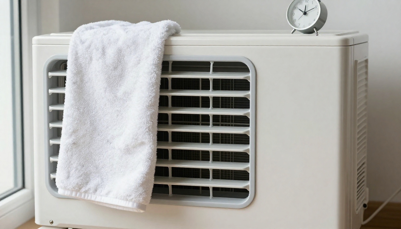 창문형 에어컨 통풍구 옆에 놓인 마른 면 수건과 아날로그 시계가 조화를 이루는 사실적인 실내 모습입니다.