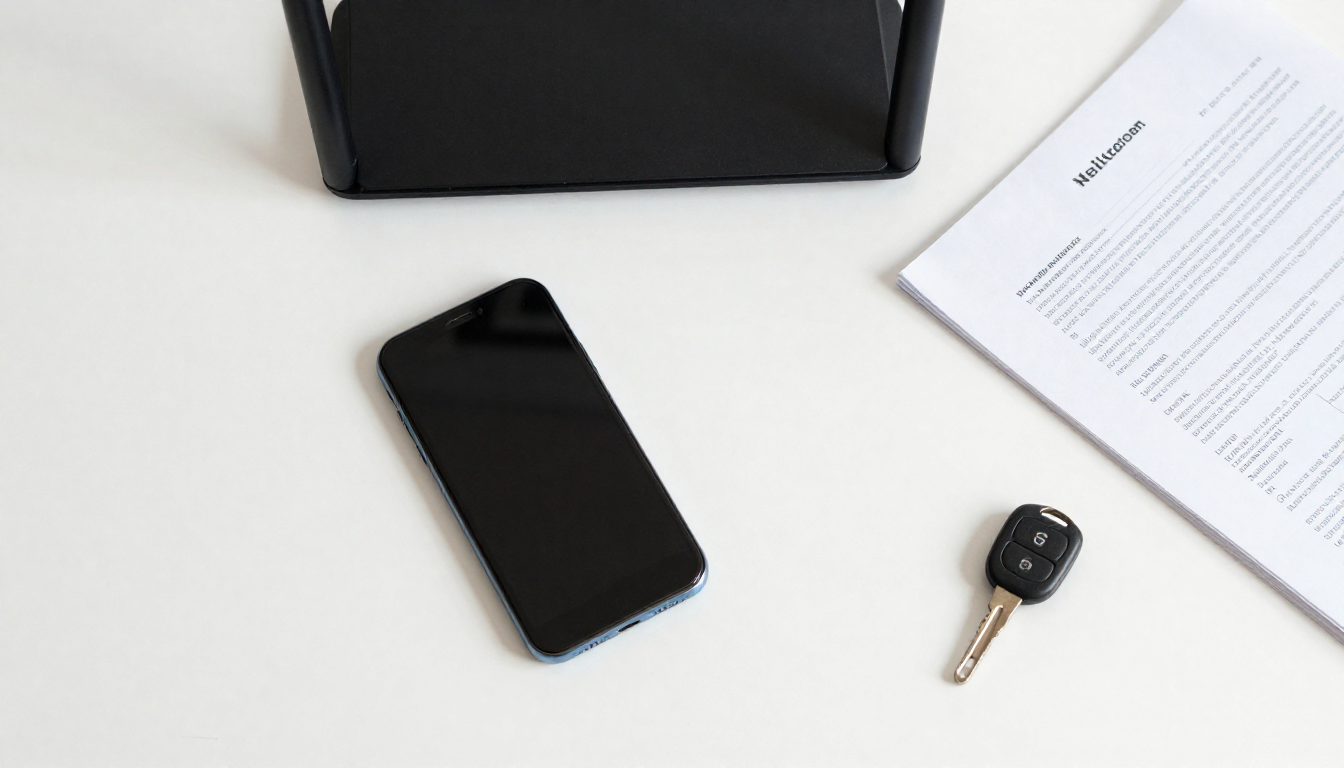 하얀 책상 위에 놓인 스마트폰과 와이파이 공유기, 집 열쇠와 설명서를 위에서 내려다본 실사 사진.