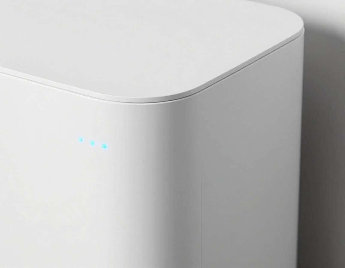 푸른색 LED 표시등이 깜빡이는 세련된 흰색 스마트 가전제품의 모서리 부분을 측면에서 근접 촬영한 실사 이미지.
