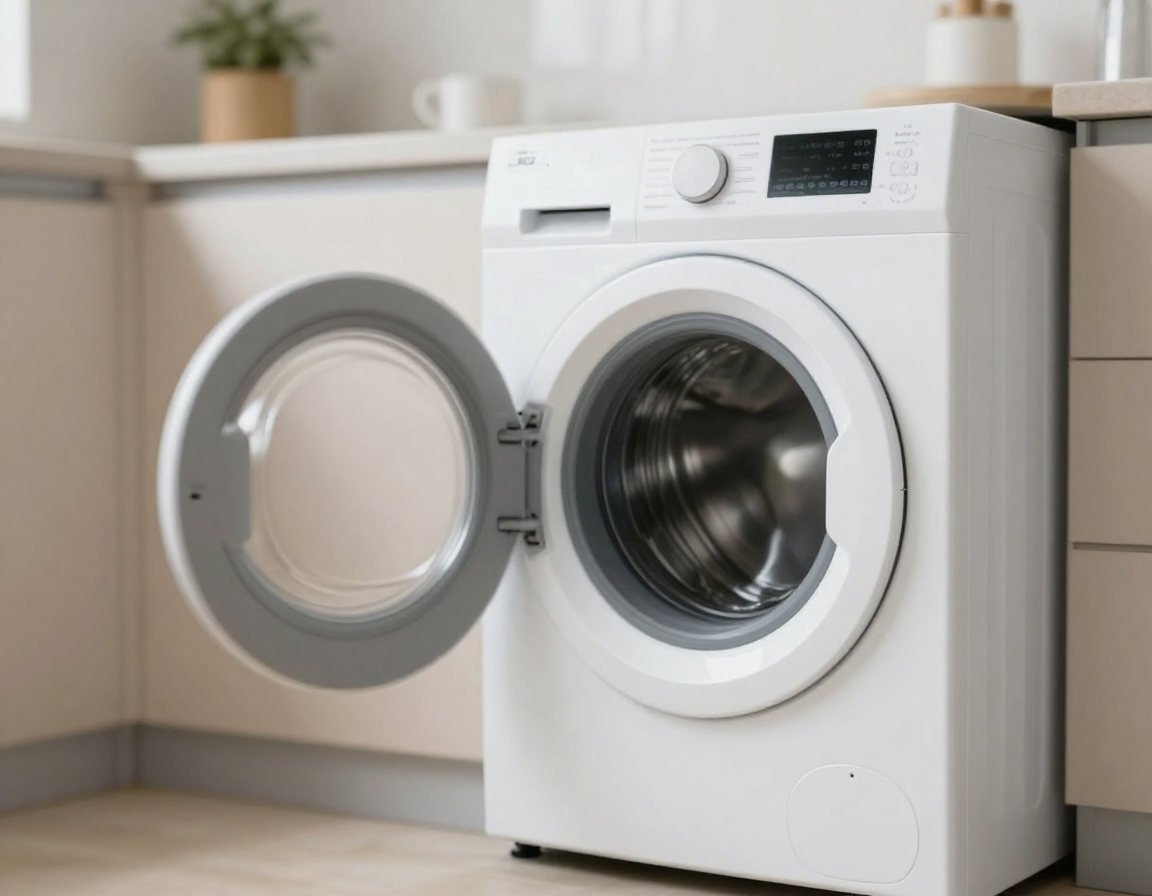 현대적인 화이트 스마트 세탁기가 주방을 배경으로 대각선 각도에서 촬영된 실사 이미지.