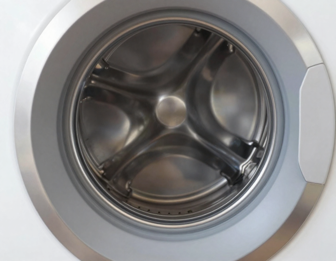 세련된 크롬 재질의 세탁기 내부 드럼과 금속 도어 외관을 가까이서 포착한 측면 모습입니다.