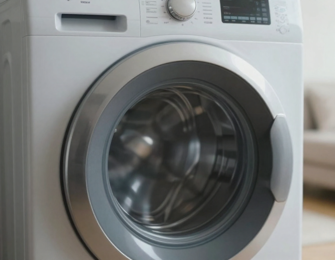 세련된 금속 질감의 세탁기가 배치된 거실 모습으로, 배경은 흐릿하게 보케 처리된 실사 이미지입니다.