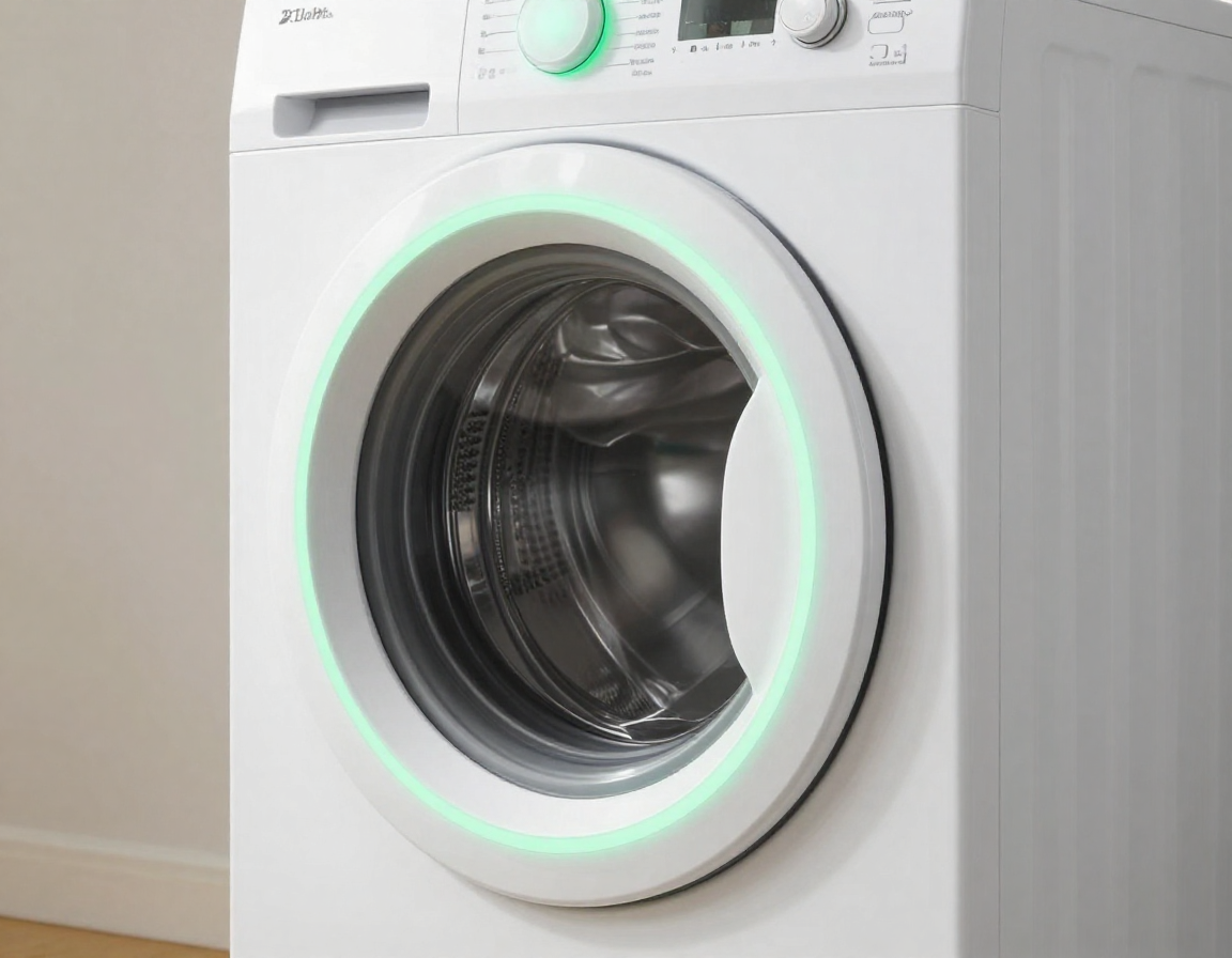 은은한 초록색 LED 링이 빛나는 흰색 건조기의 옆모습을 촬영한 실사 이미지. 보케 효과가 적용된 현대적인 세탁 가전.