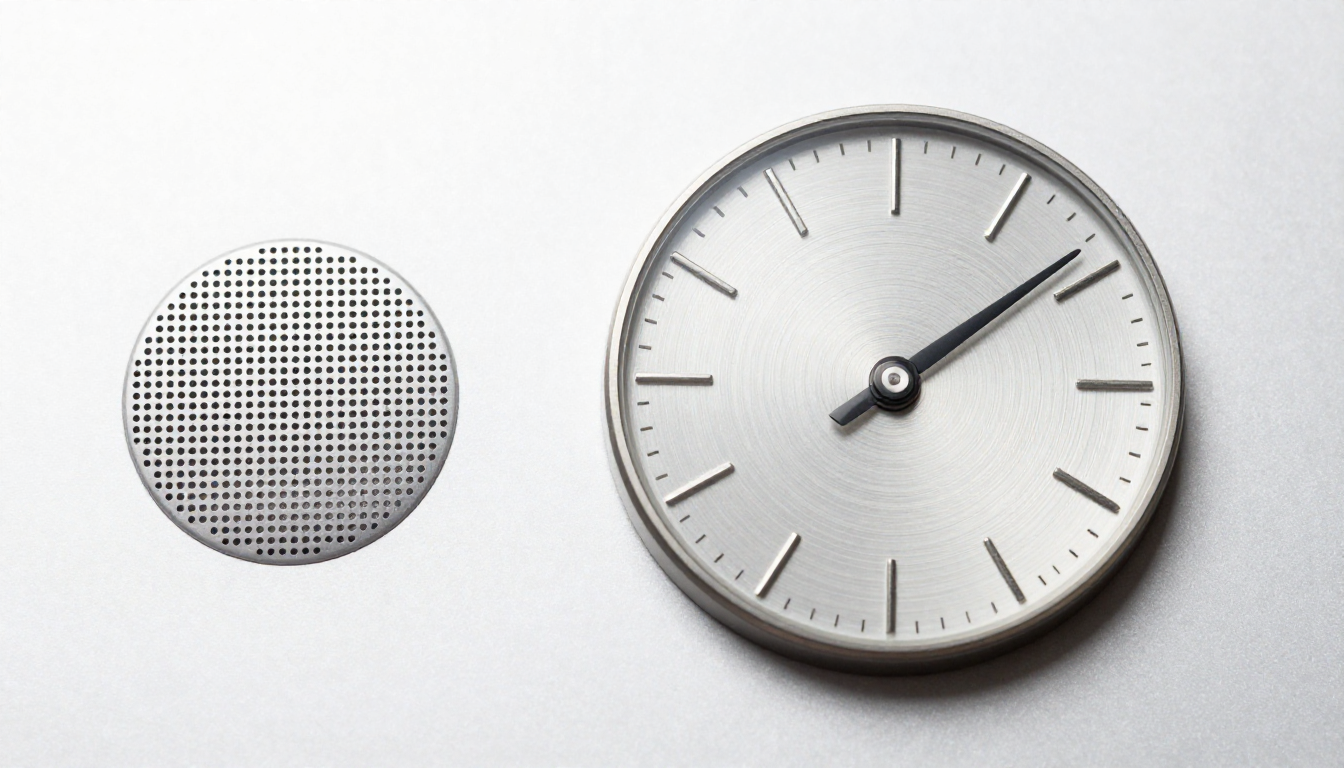 흰색 금속 표면 위에 원형 실버 다이얼과 작은 스피커 그릴이 나란히 배치된 가전제품 조작부 상세 모습.