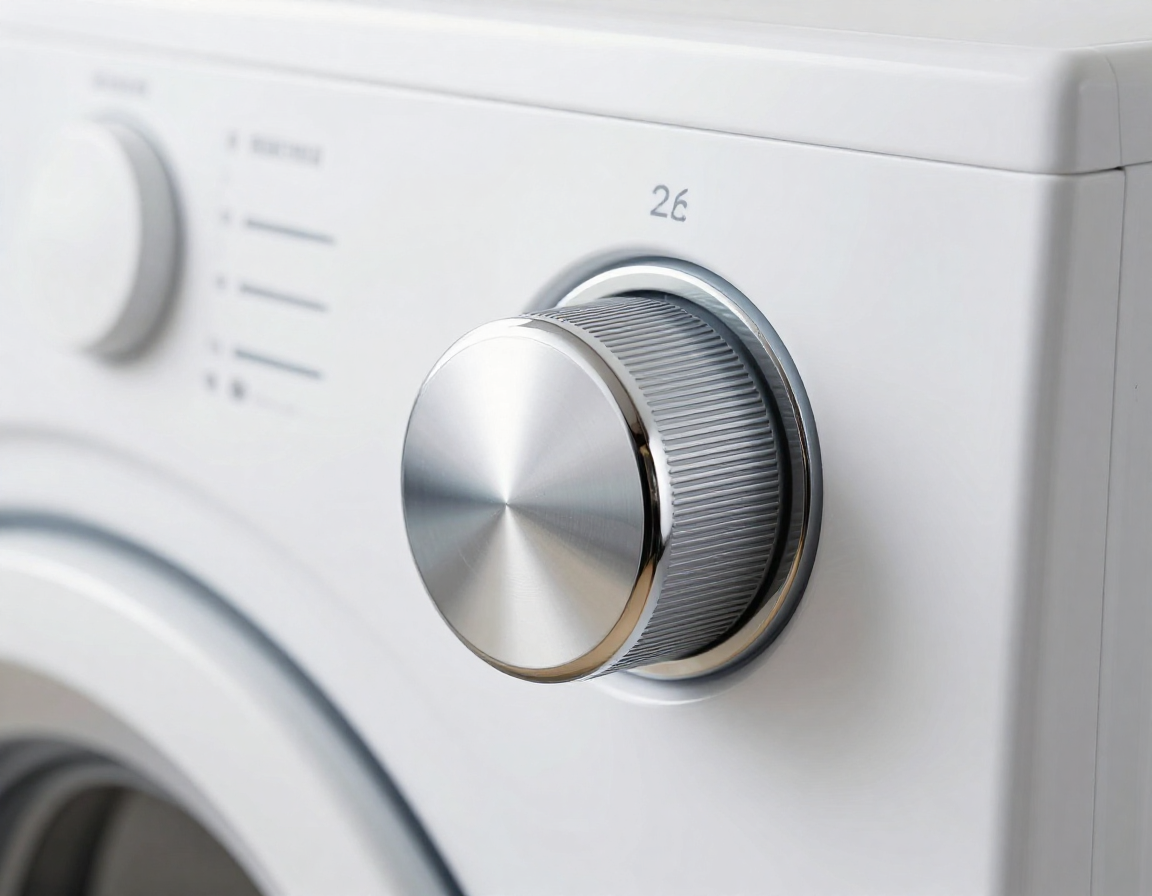 세탁기 제어판에 있는 매끄러운 크롬 마감의 금속 다이얼 조절기 측면 상세 모습입니다.