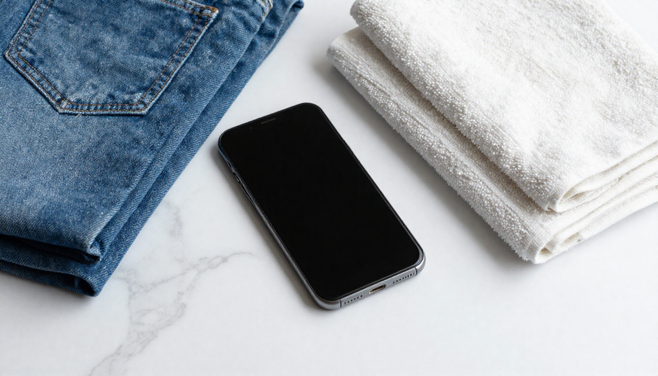 흰색 대리석 위에 놓인 스마트폰과 가지런히 접힌 면 수건, 데님 청바지가 조화를 이룬 모습입니다.