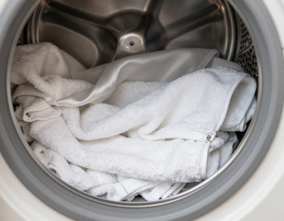 건조기 입구 근처에 부드러운 면 수건과 실크 원단이 놓여 있는 사실적인 모습.