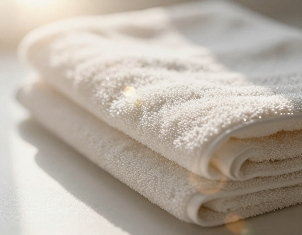 은은한 빛이 비치는 스마트폰 옆에 부드러운 면 수건이 대각선으로 놓여 있는 포근한 느낌의 실사 이미지.