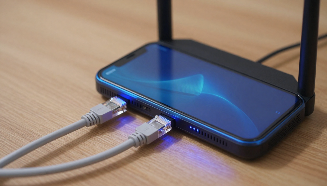 나무 바닥 위 빛나는 공유기 옆에 스마트폰과 은색 이더넷 케이블이 엉켜 있는 모습입니다.