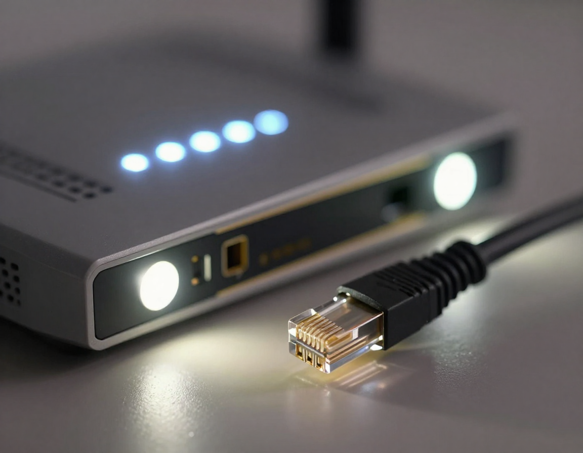 대각선 구도의 보케 배경 속에서 빛나는 공유기 표시등과 분리된 이더넷 케이블 커넥터의 실사 이미지.