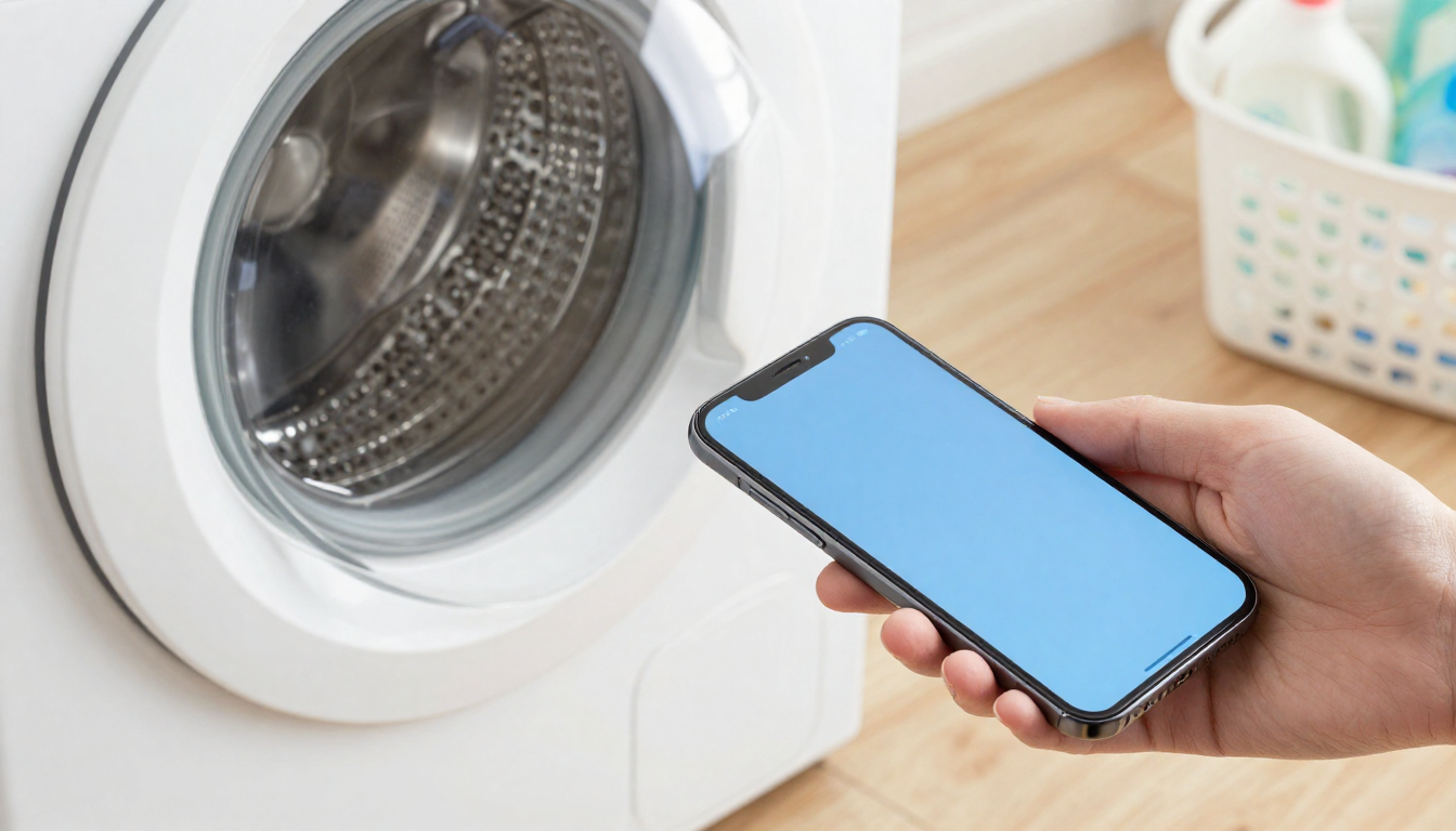 나무 바닥 위 흰색 세탁기와 세제 바구니, 유리 덮개 위에 놓인 스마트폰이 보이는 깔끔한 세탁실 풍경.