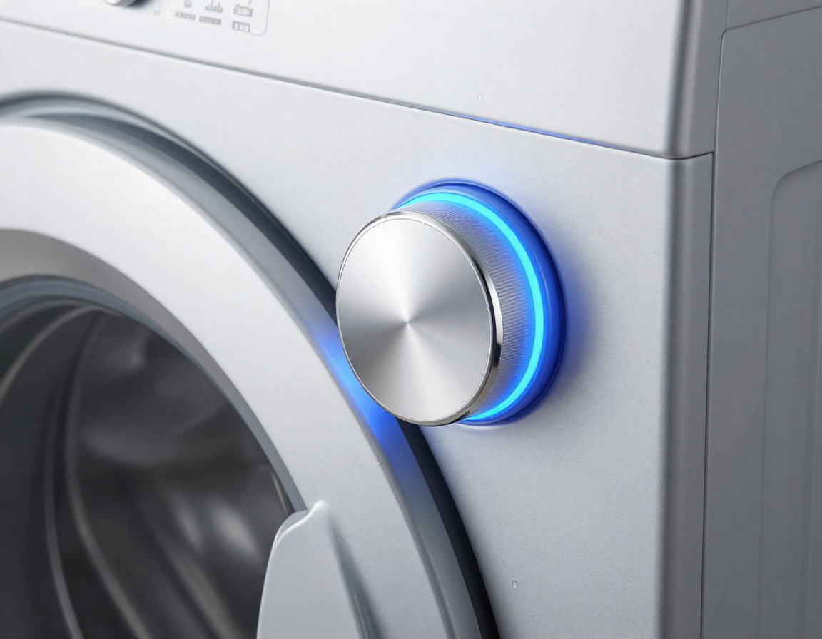 푸른 빛의 원형 조명이 들어온 금속 재질 세탁기의 다이얼 조작부와 매끄러운 측면 외관 상세 모습.