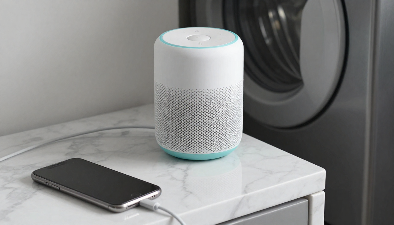 대리석 위 건조기 다이얼 옆에 놓인 스마트 스피커와 스마트폰, 케이블의 정갈한 배치 모습.