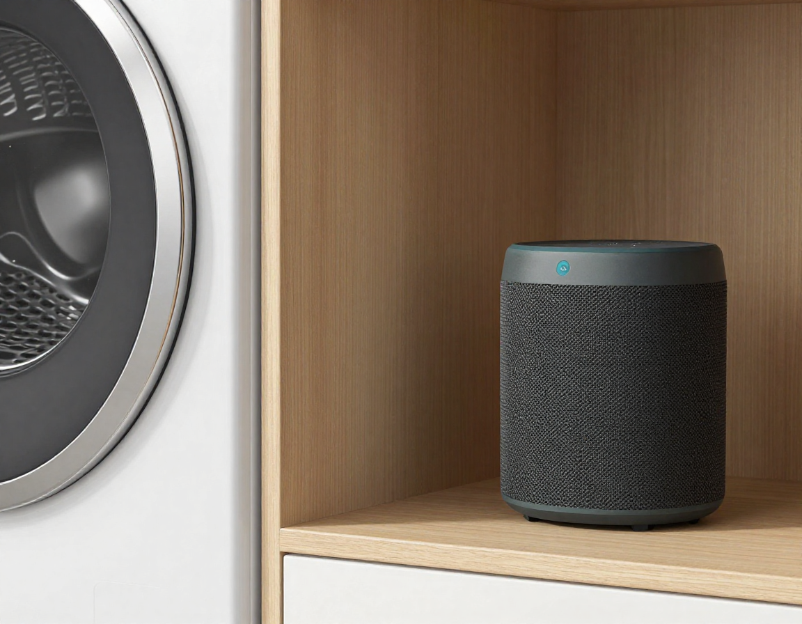 원목 선반 위에 놓인 세련된 디자인의 스마트 스피커와 현대적인 건조기 측면이 조화를 이룬 모습입니다.