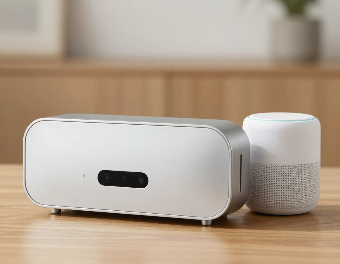 나무 질감의 보케 배경 앞에 놓인 세련된 실버 건조기와 그 옆의 작고 하얀 스마트 스피커.