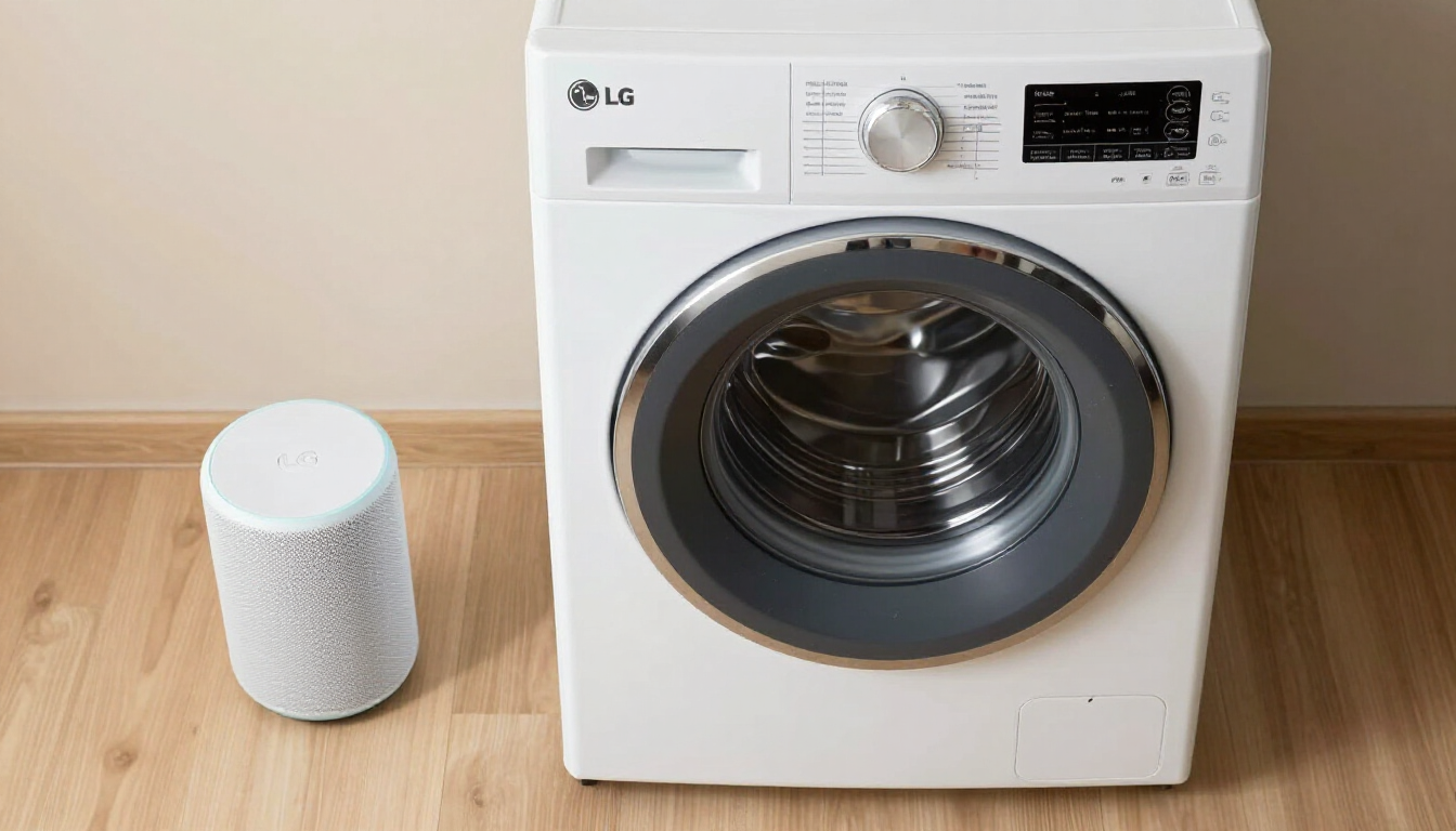 깨끗한 나무 바닥 위에 놓인 LG 세탁기와 스마트 스피커가 나란히 배치된 항공샷 이미지.
