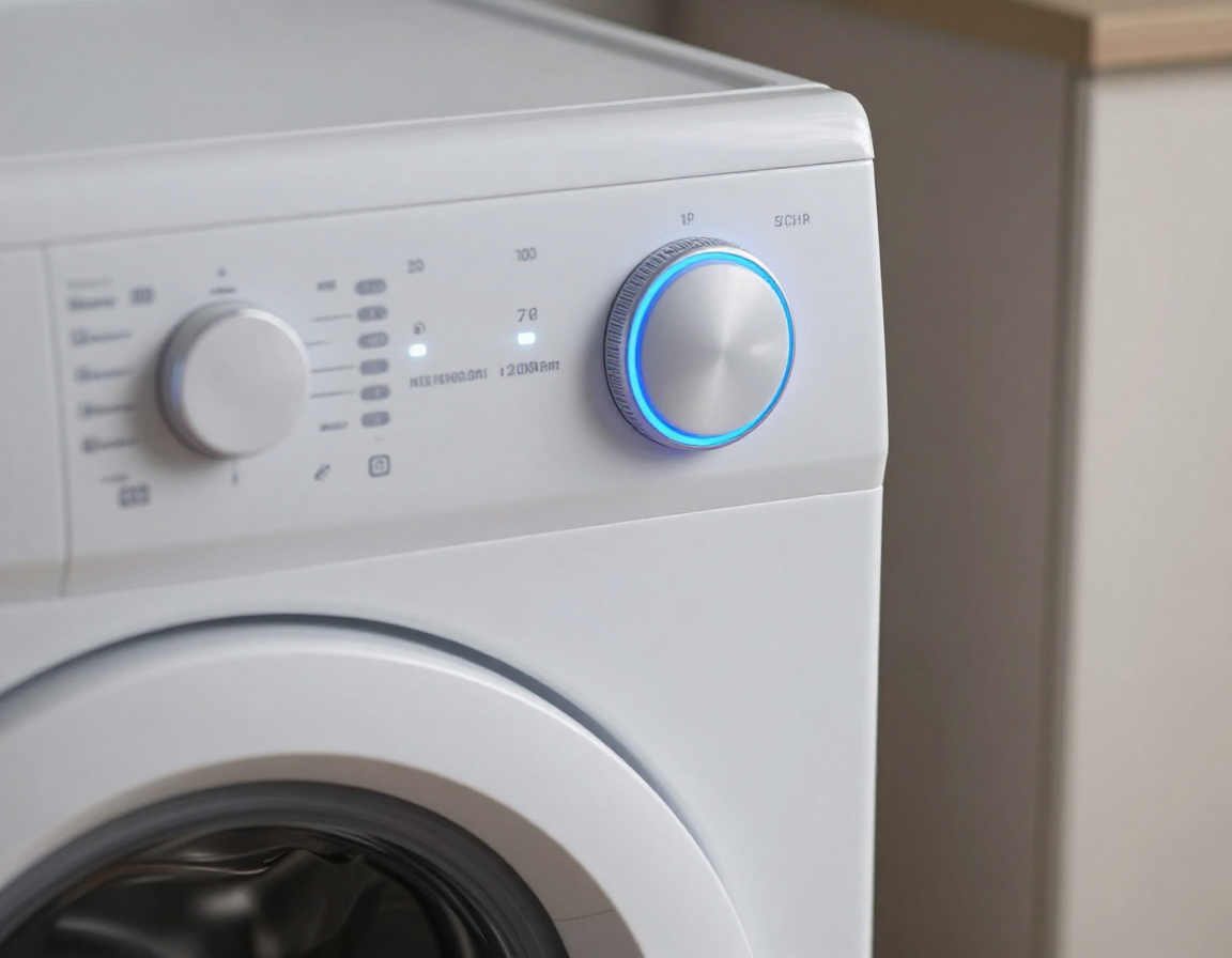 파란색 불빛이 들어온 스마트 스피커 옆에 위치한 세탁기 다이얼의 측면 근접 촬영 사진입니다.