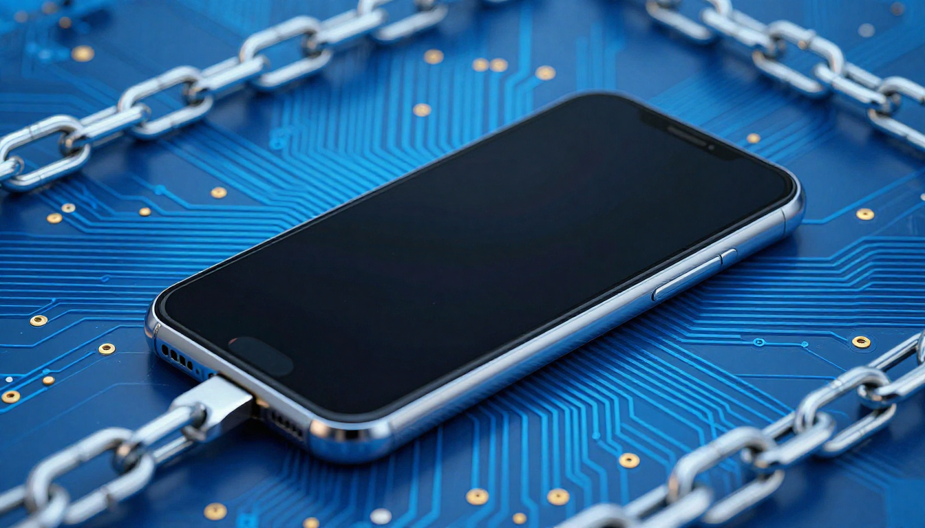 파란색 회로 기판 위 스마트폰이 금속 사슬에 둘러싸인 사실적인 모습.