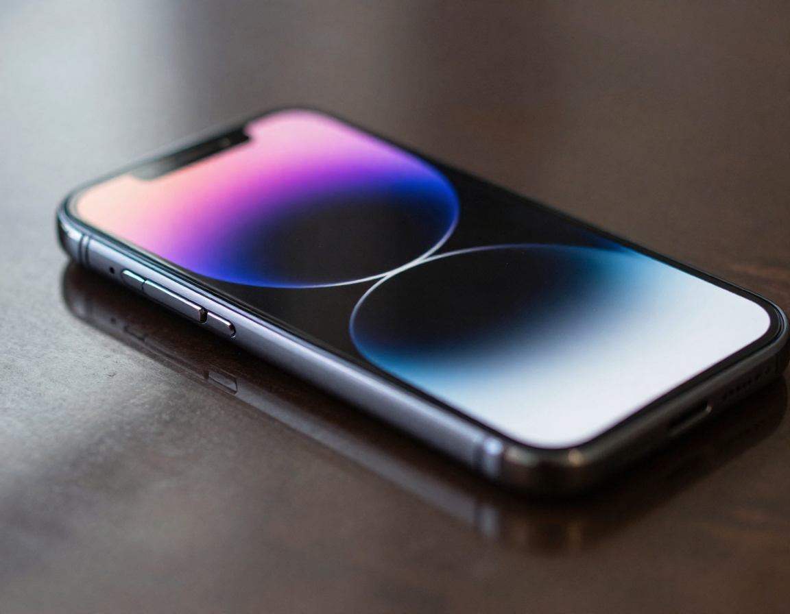 유리 테이블 위에 놓인 스마트폰의 빛나는 화면이 표면에 반사되는 측면 근접 사진입니다.
