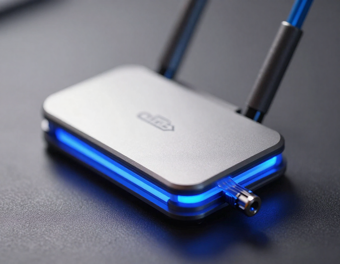 사선으로 배치된 매끄러운 금속 질감 공유기와 푸른 빛을 내는 광섬유 케이블의 보케 효과가 담긴 실사 이미지.