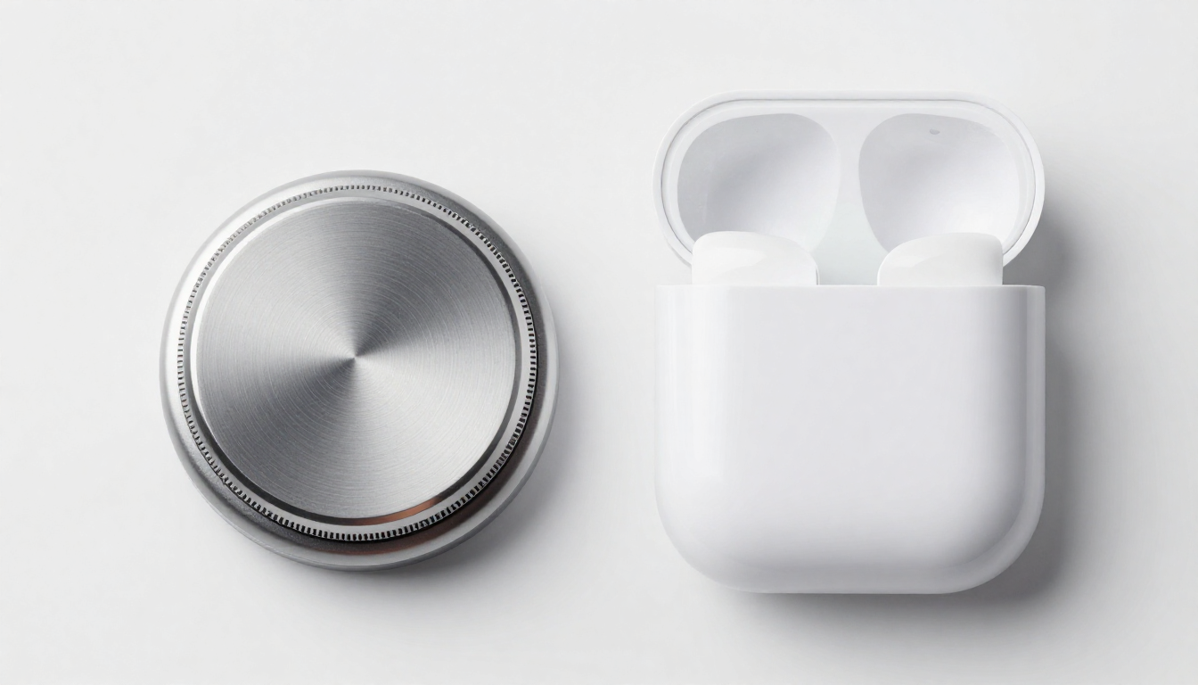 금속 재질의 가전제품 다이얼과 플라스틱 무선 리모컨이 놓인 평면 부감 사진.