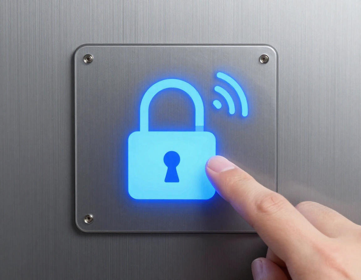 파란색으로 빛나는 자물쇠 아이콘과 무선 신호 표시가 있는 금속 재질의 가전제품 제어 패널 상세 모습.