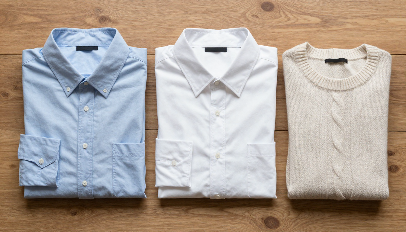 나무 바닥 위에 깔끔하게 접혀 있는 면 티셔츠와 부드러운 울 소재 스웨터를 위에서 내려다본 실사 이미지.