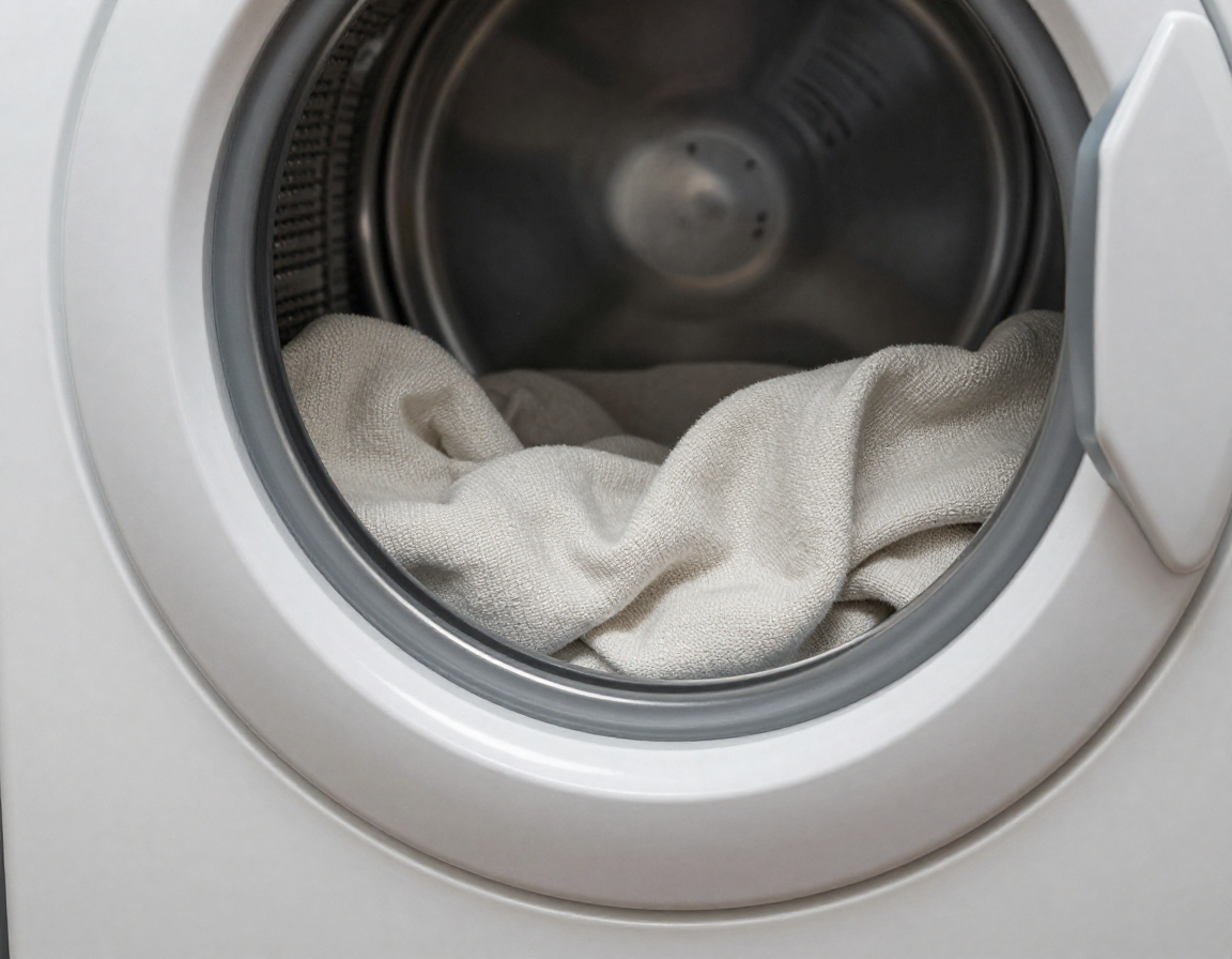 세련된 은색 건조기 도어 옆으로 부드럽고 질감이 살아있는 면 니트 의류가 보이는 근접 촬영 사진입니다.