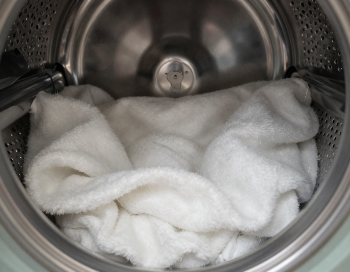 어두운 크롬 건조기 내부에서 부드러운 실크와 울 소재의 옷감이 섞여 있는 근접 촬영 모습.