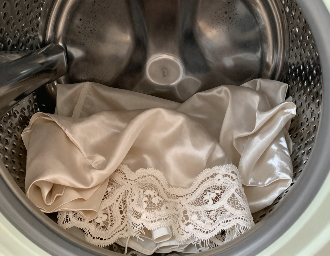 금속 건조기 내부의 부드러운 실크와 레이스 의류가 클로즈업된 측면 모습입니다.