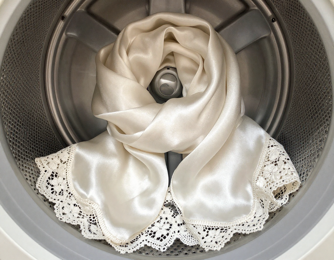 은색 건조기 내부 드럼에 부드러운 실크 스카프와 레이스 의류가 섬세하게 놓여 있는 모습입니다.